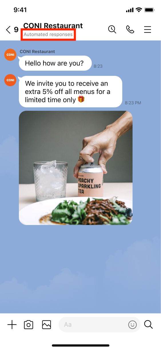 ตัวอย่างการแสดงผลหน้าแชทสำหรับบัญชีที่ไม่รับรอง